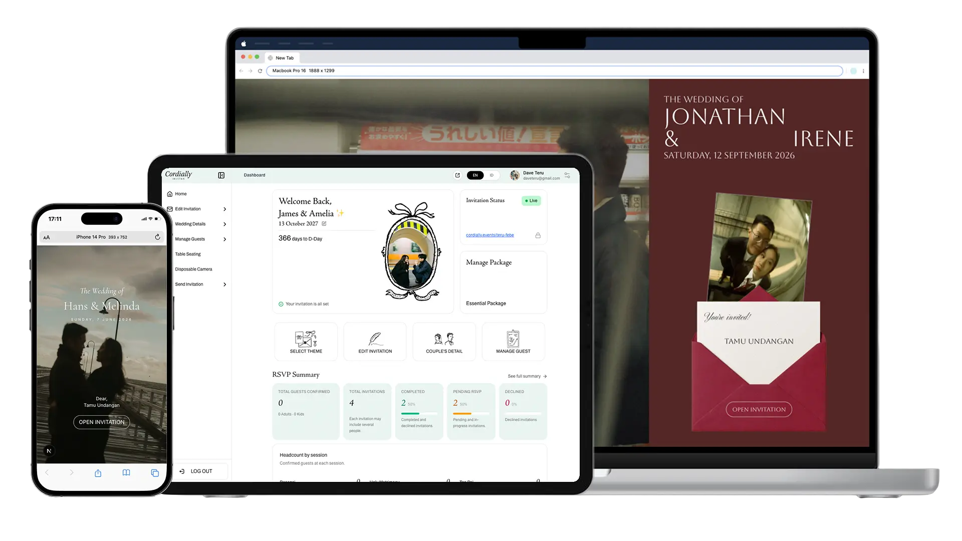 Cordially invitation shown on a phone, tablet and laptop